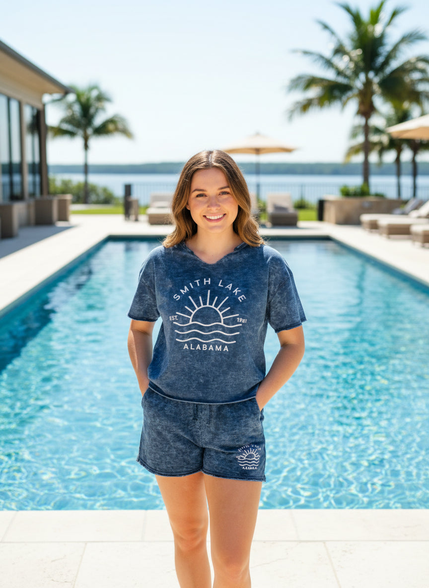 Ladies Mineral Wash Raw Edge Short - NAVY - SMITH LAKE