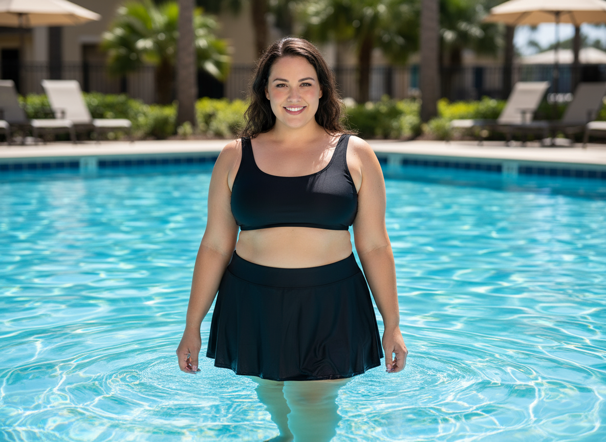 Black Plus Side Zipper Swim Skirt w/Pockets - Black
