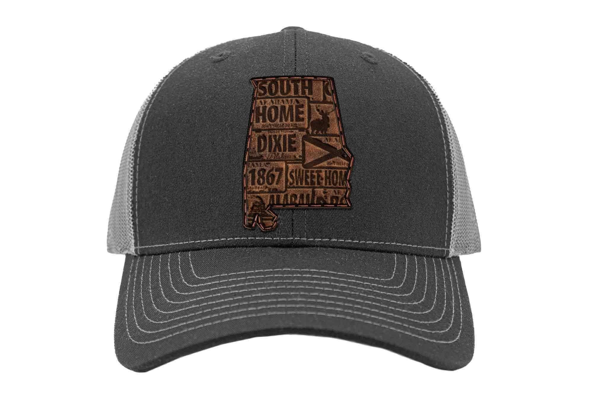 Alabama Map Leather Patch Trucker Hat. 4