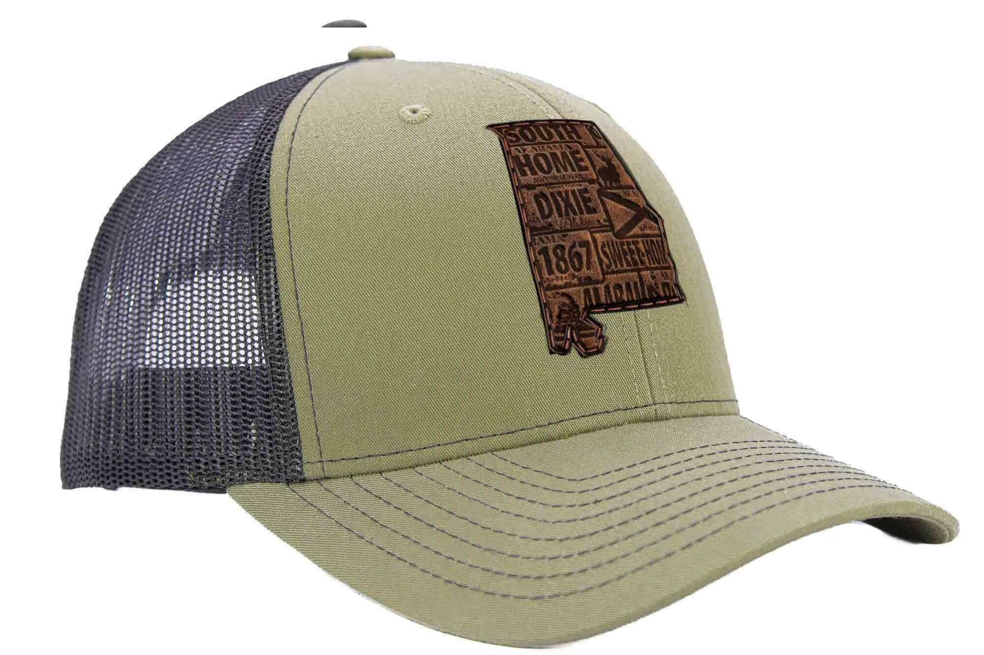 Alabama Map Leather Patch Trucker Hat. 6