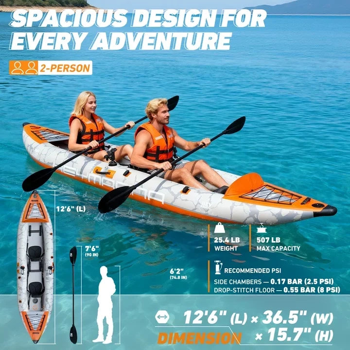 BM 12'6" Inflatable Tandem Fishing Kayak with Drop-Stitch Floor 4