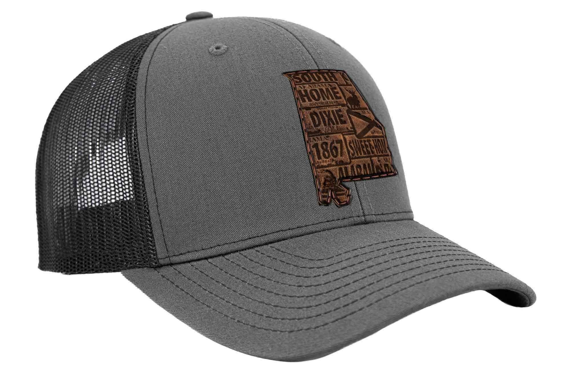 Alabama Map Leather Patch Trucker Hat. 7