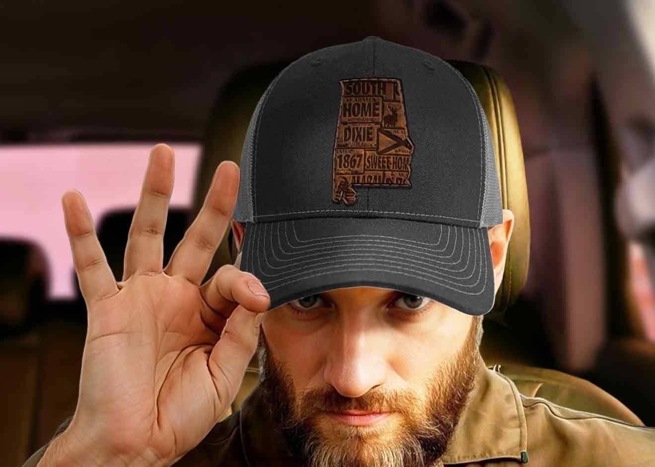 Alabama Map Leather Patch Trucker Hat.