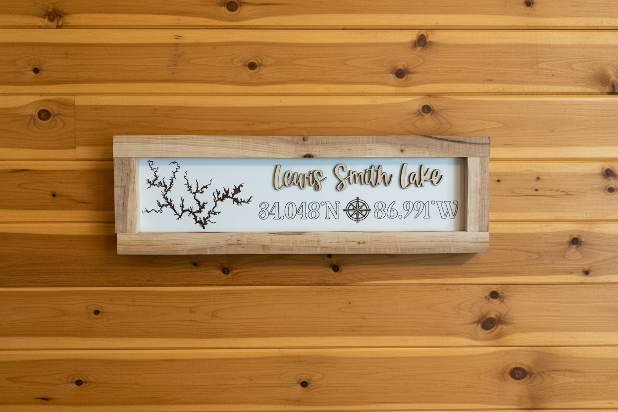 Lewis Smith Lake sign, 18x5.5, reclaimed wood frame, coordinates
