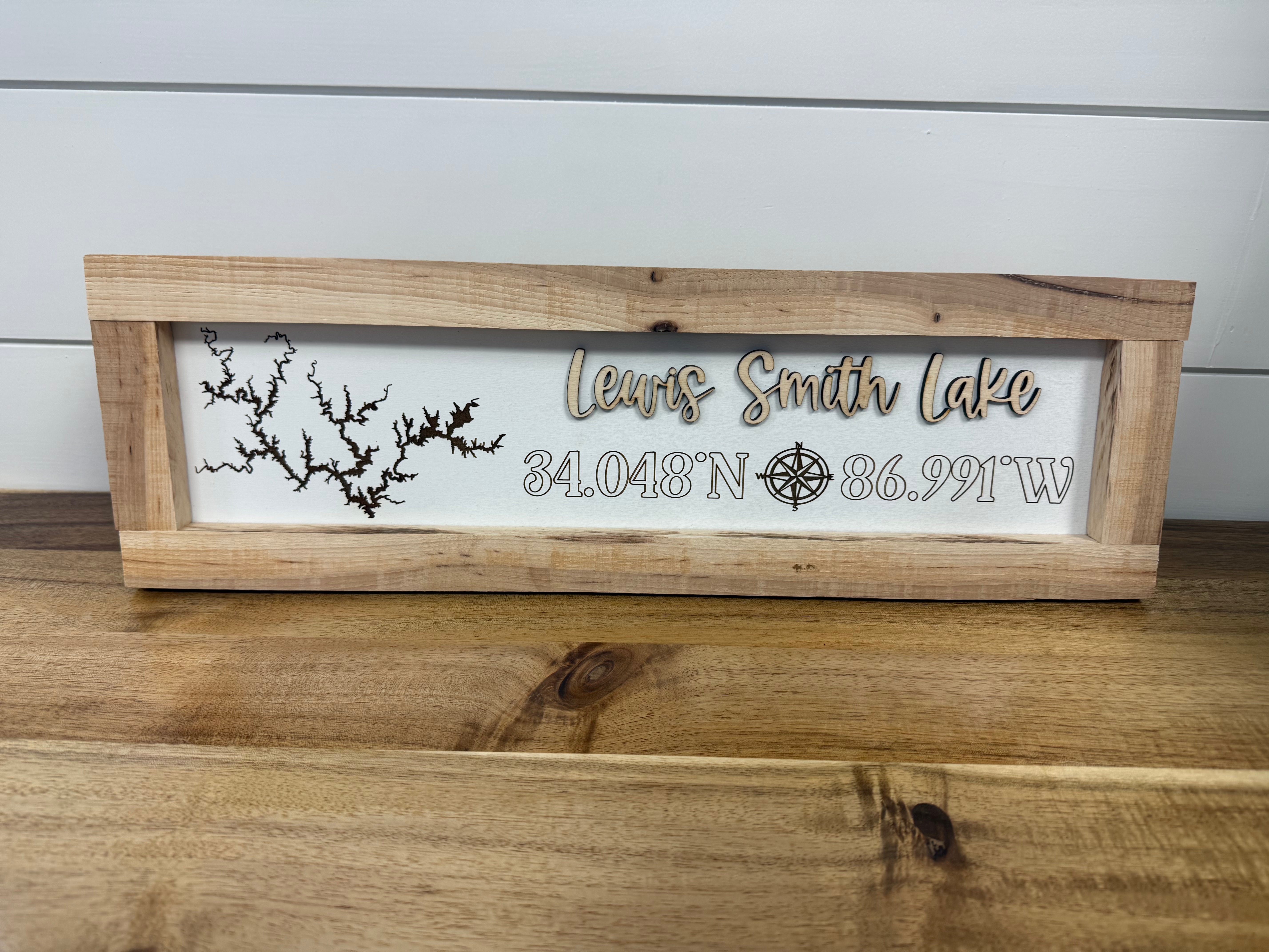 Lewis Smith Lake sign, 18x5.5, reclaimed wood frame, coordinates