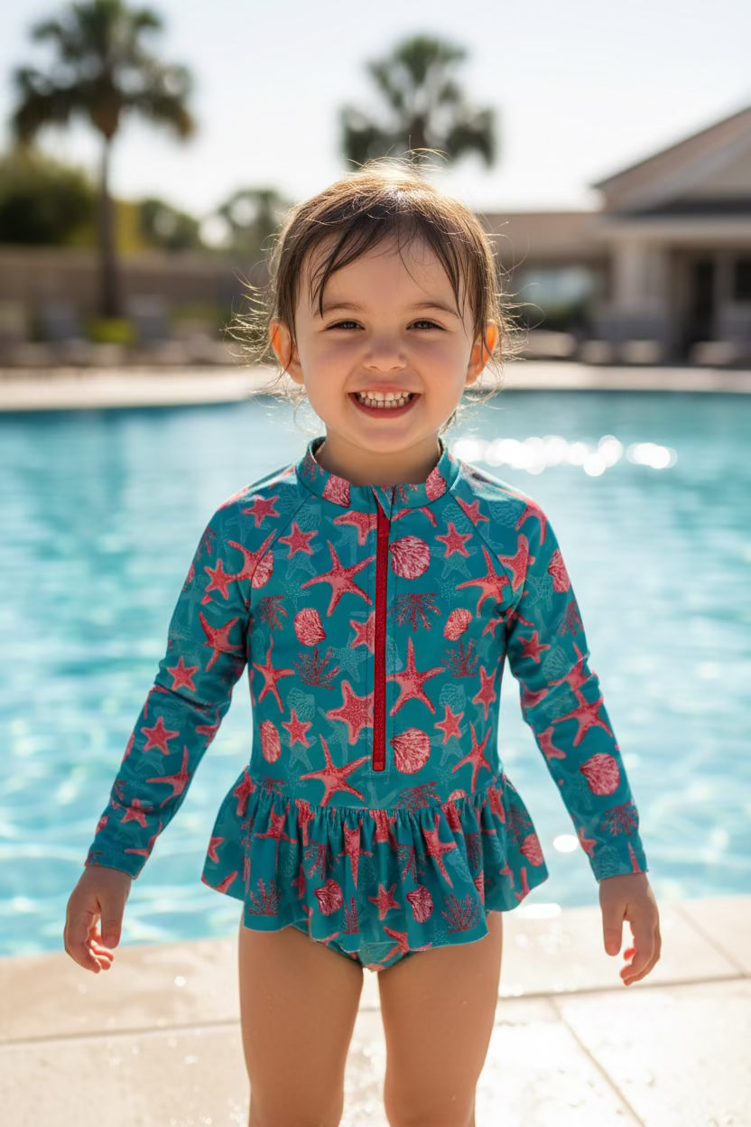 Infant Girl's Printed Long Sleeve Rash Guard One-Piece with Ruffled Skirt by Real Love 1