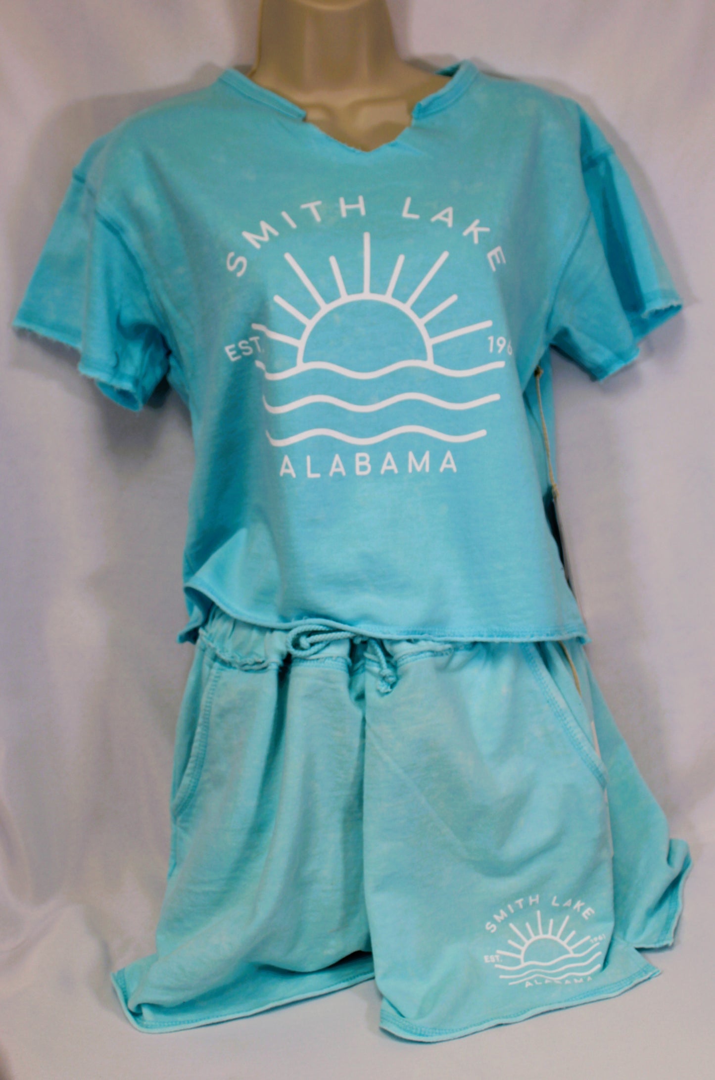 Womens Smith Lake Mineral Wash Cut Neck Raw Edge Tee
- AQUA