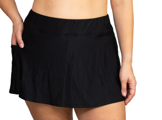 Black Plus Side Zipper Swim Skirt w/Pockets - Black