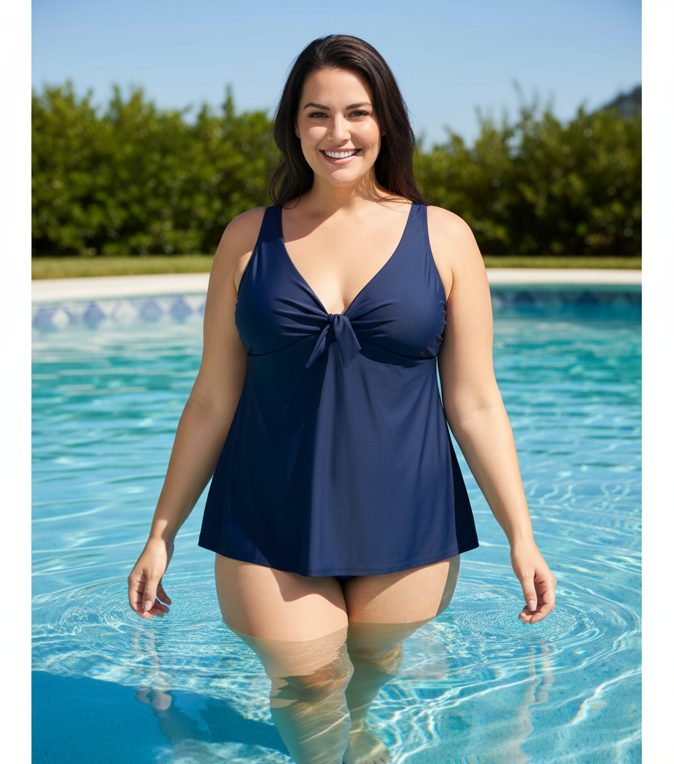 Navy Plus V-Neck Bow Tie Tankini -Navy