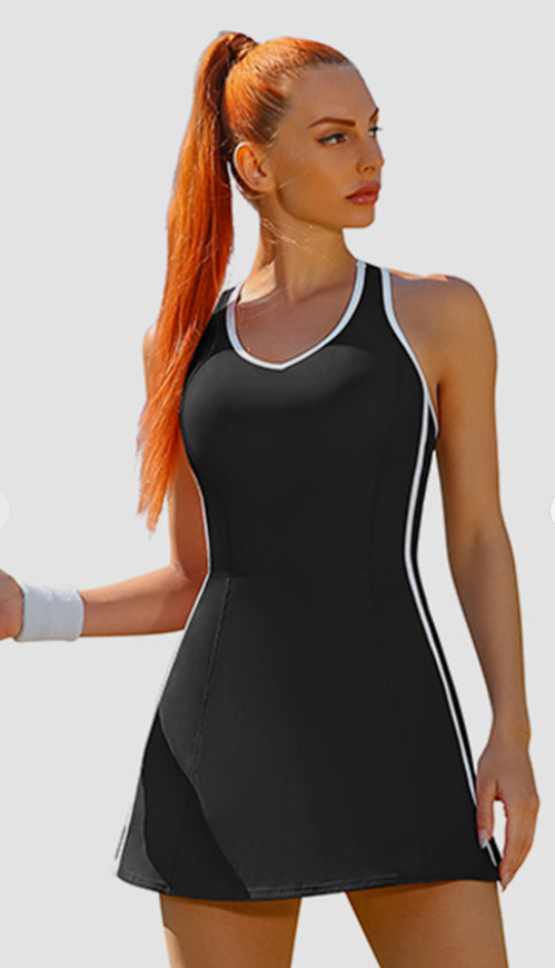 Black Women's Tennis Dress with Shorts Pockets and Bra V Neck Racerback Outfits 5