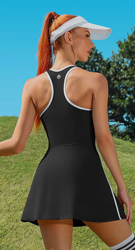 Black Women's Tennis Dress with Shorts Pockets and Bra V Neck Racerback Outfits 4
