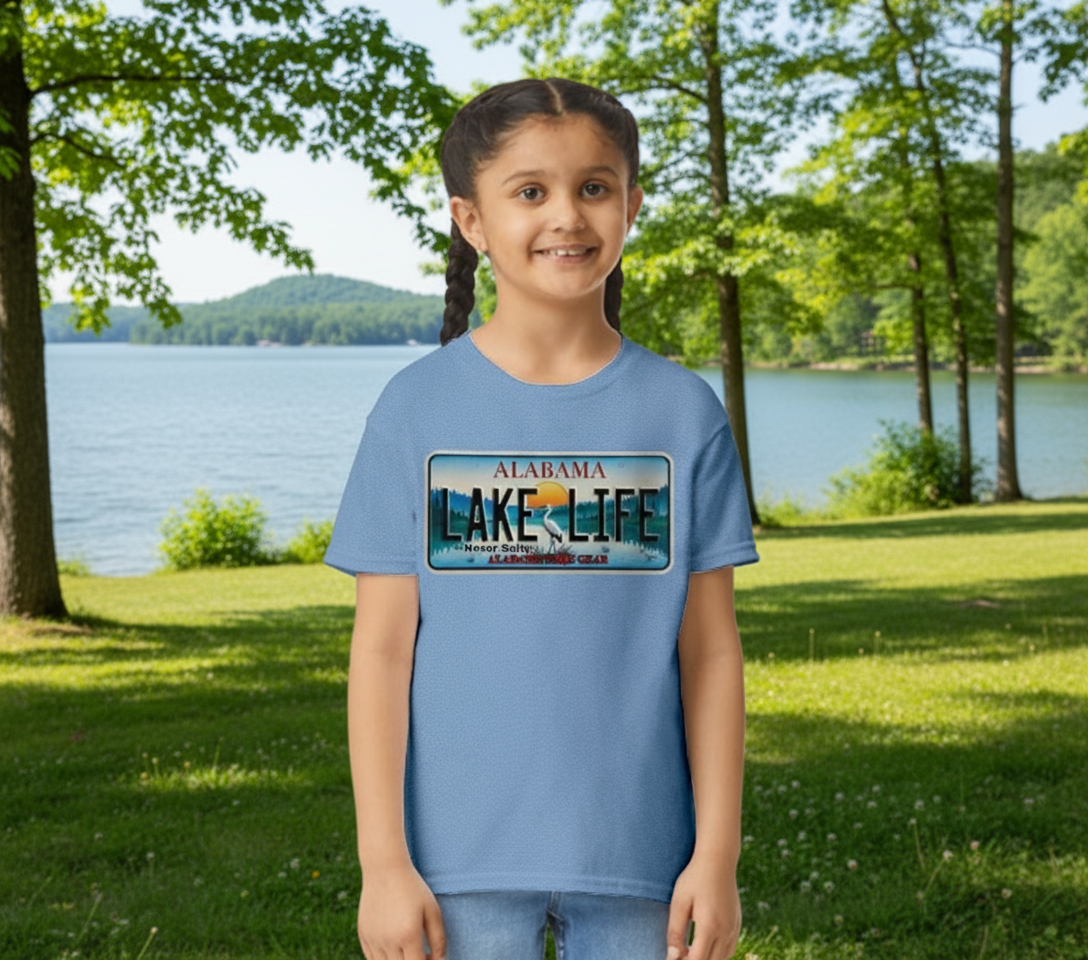 Girl wearing a blue t-shirt with 'Alabama Lake Life' design on a white background