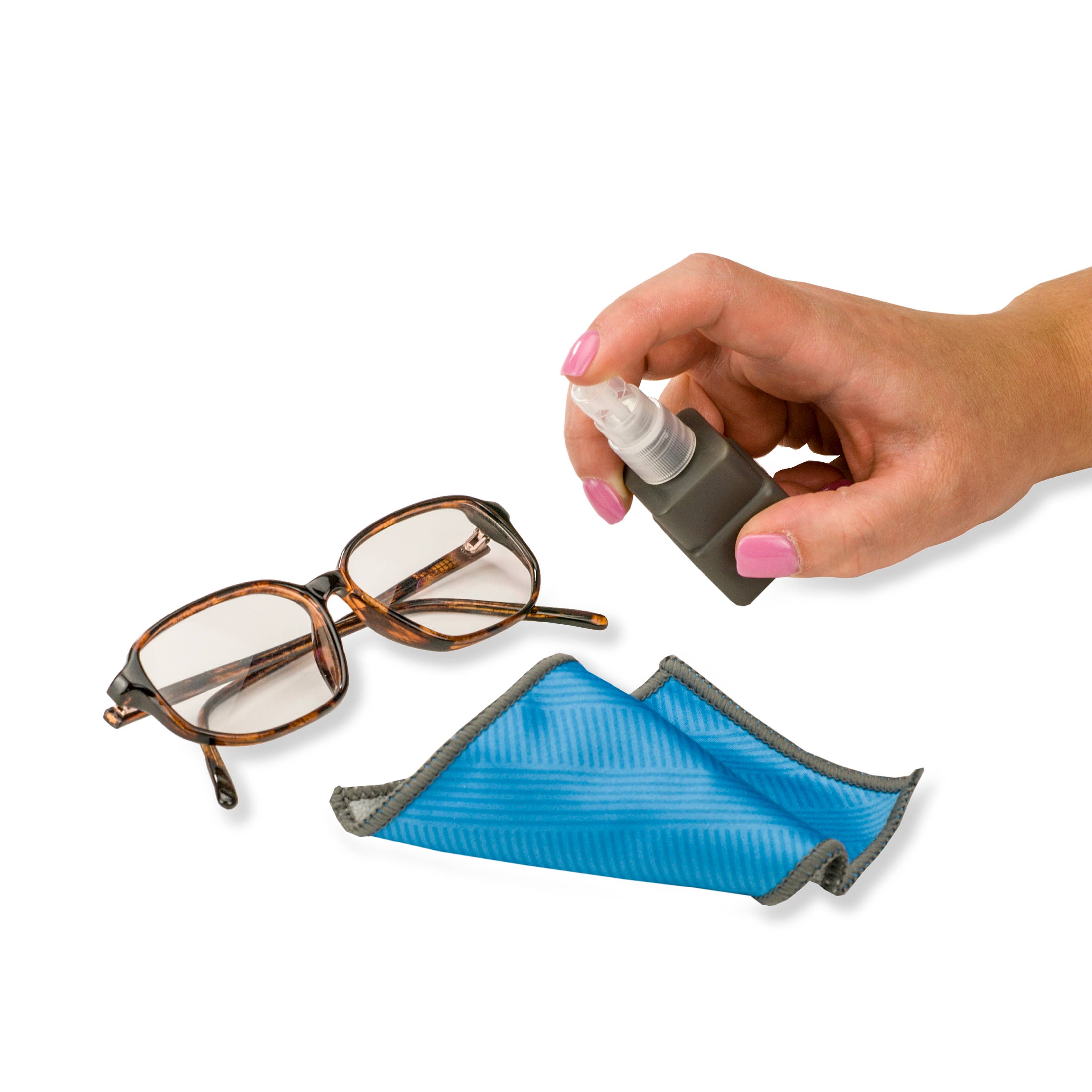 Microfiber Cleaning Kit, Spray, Cloth, & Case; Clean Glasses