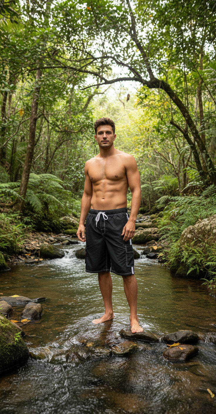 Men Big Sizes 2X-5X Cargo Swimsuit Trunks Black