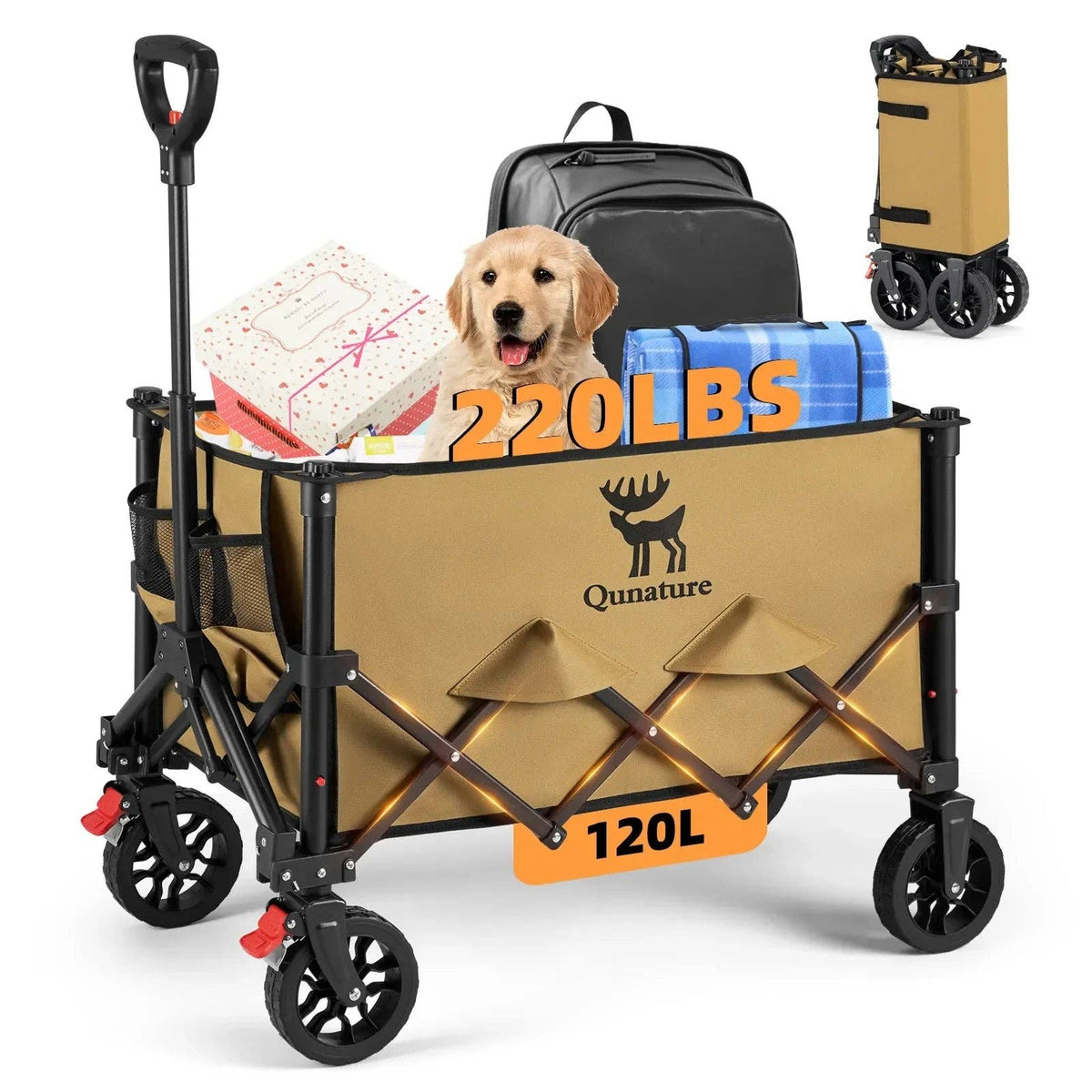 Qunature 220lbs Foldable Utility Wagon Cart with 360¡ã Swivel Wheels 3