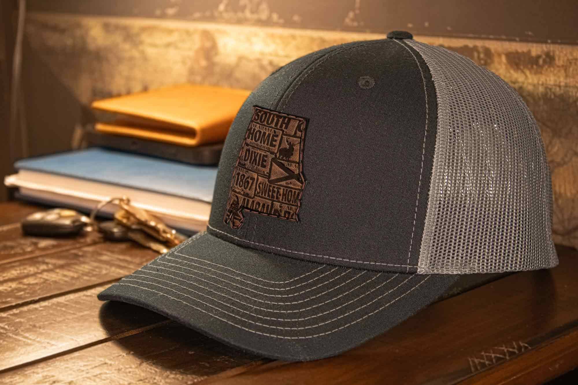 Alabama Map Leather Patch Trucker Hat. 3