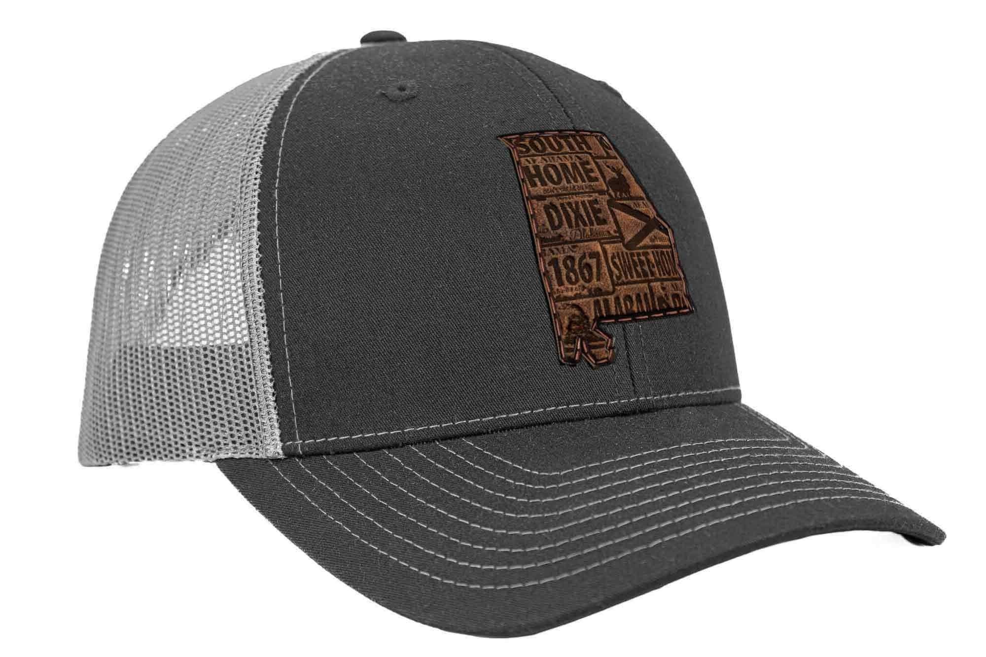 Alabama Map Leather Patch Trucker Hat. 5