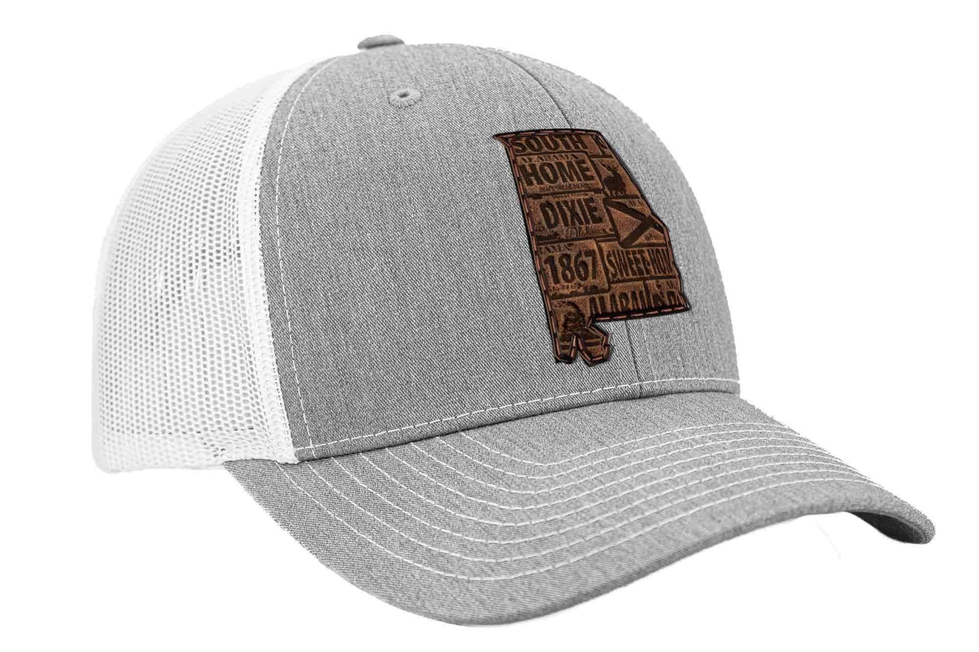 Alabama Map Leather Patch Trucker Hat. 9